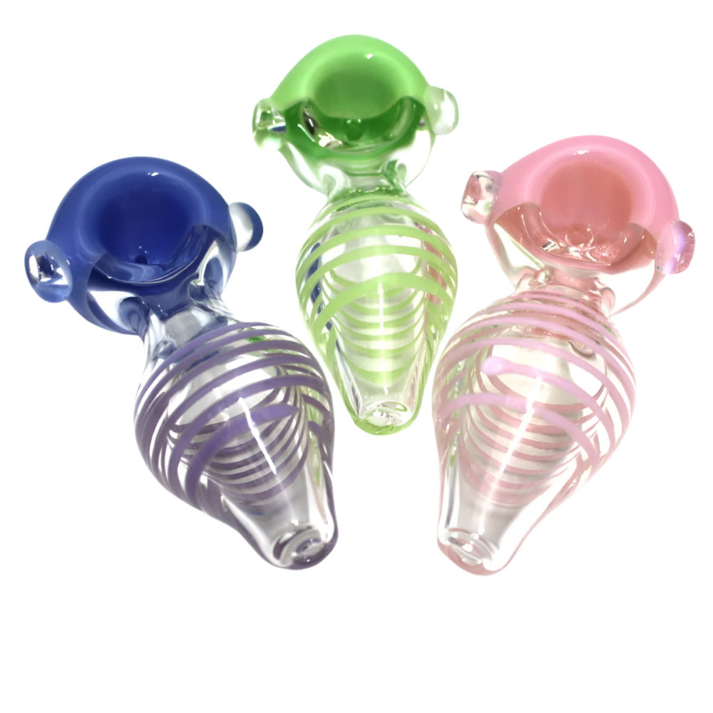 4.5-inch new color swirl design heavy-duty glass hand pipe featuring vibrant swirl colors, artistic detailing, sturdy glass construction, smooth polished finish, and unique styling.