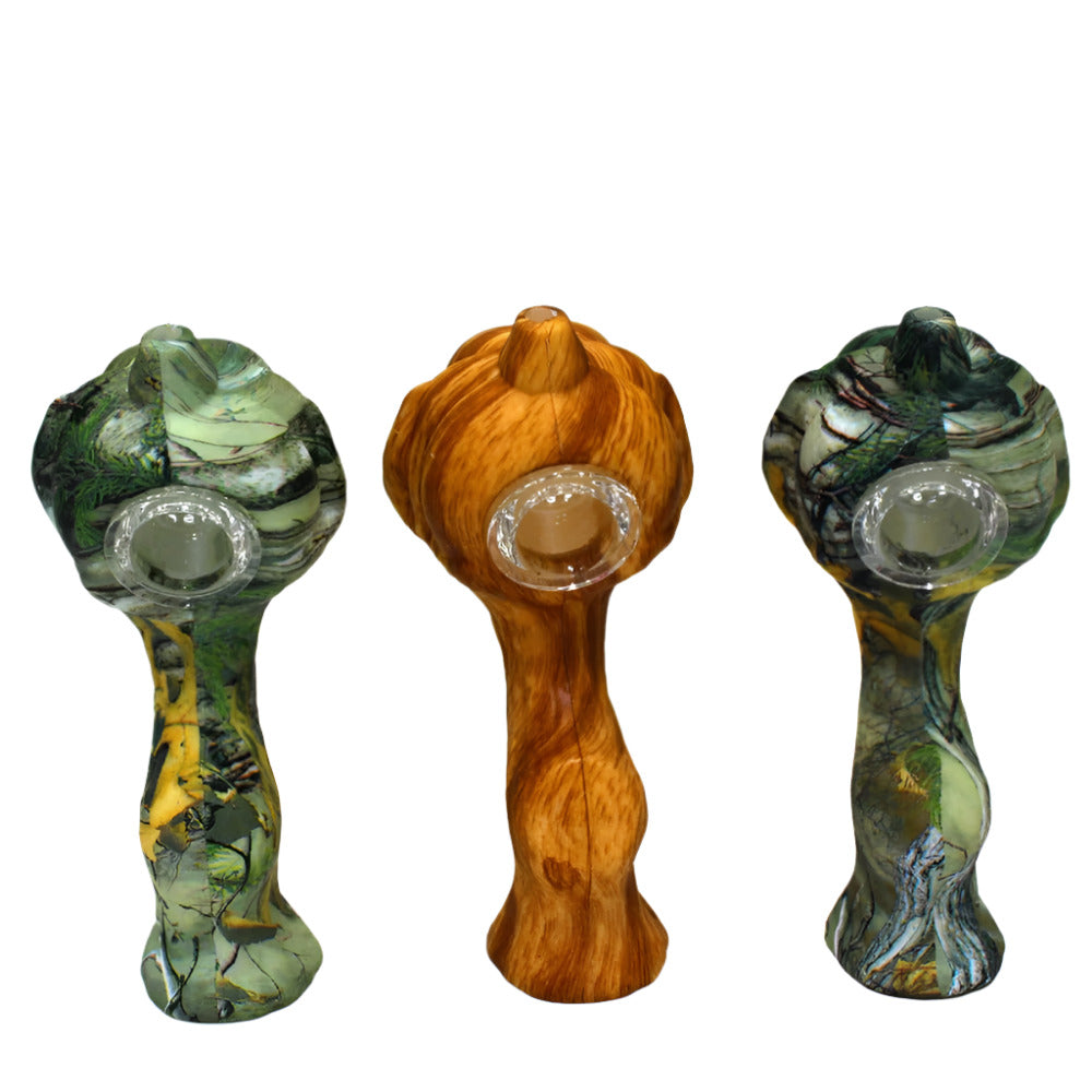 4.5-inch Printed Silicone Pumpkin Hand Pipe with Glass Bowl featuring a colorful design, durable silicone body, compact shape, and lightweight construction.
