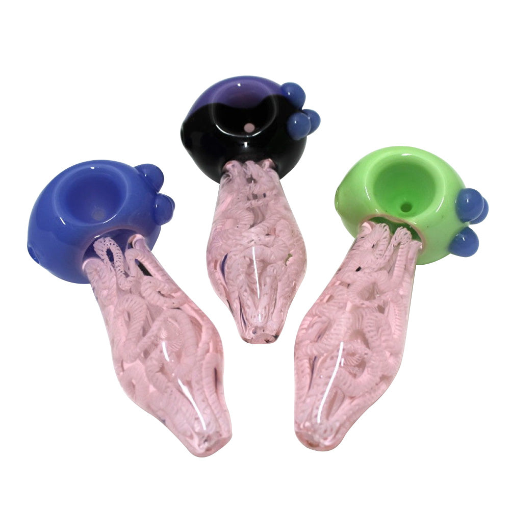 4.5-inch USA color head pink swirl heavy-duty glass hand pipe featuring vibrant pink swirl detailing, colorful head design, sturdy glass construction, smooth polished finish, and unique styling.