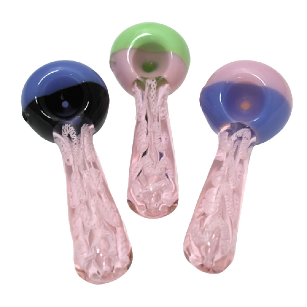 4.5-inch USA pink double tube color head heavy-duty glass pipe featuring vibrant pink detailing, double-tube color head design, sturdy glass construction, smooth polished finish, and unique styling.