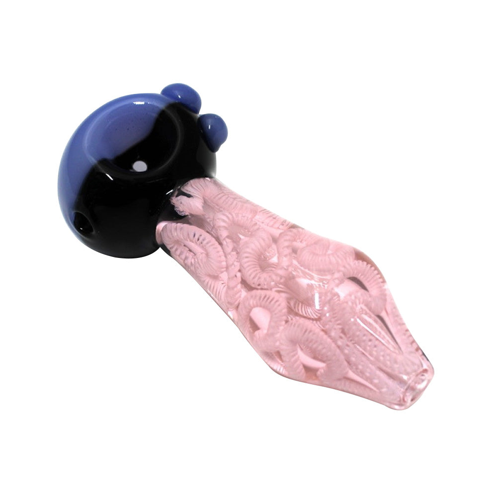 4.5-inch USA pink swirl color head glass hand pipe featuring vibrant pink swirl patterns, colorful head detailing, heavy-duty glass construction, smooth polished finish, and distinctive artistic styling.