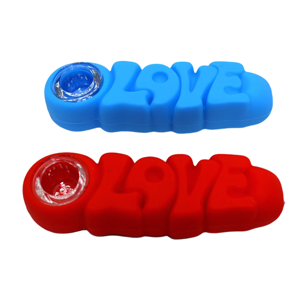 4-inch Assorted Color Silicone Love Hand Pipe with Glass Bowl featuring a colorful love design, durable silicone body, compact size, and lightweight construction.