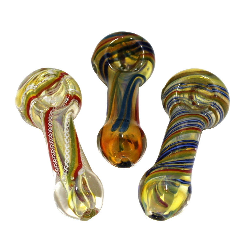 4-inch assorted color thick extra heavy-duty glass hand pipe featuring vibrant colors, thick glass construction, sturdy design, smooth polished finish, and distinctive styling.