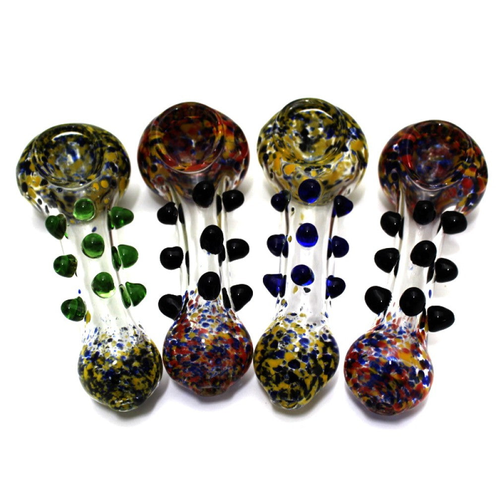 4-inch colorful confetti dot glass hand pipe featuring vibrant dotted patterns, heavy-duty glass construction, smooth finish, compact profile, and eye-catching styling.