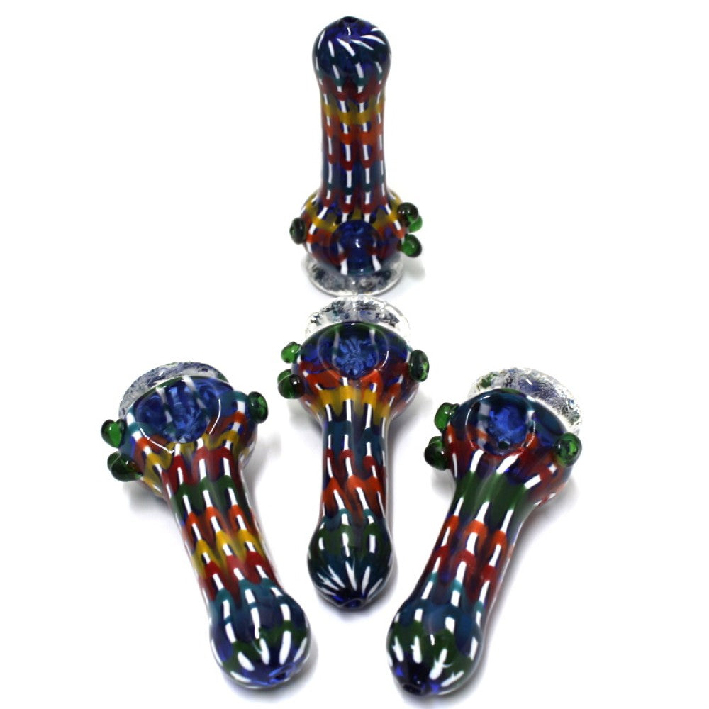 4-inch colorful stand-up bubble art glass hand pipe featuring vibrant patterns, unique bubble detailing, heavy-duty glass construction, smooth finish, and stable upright design.