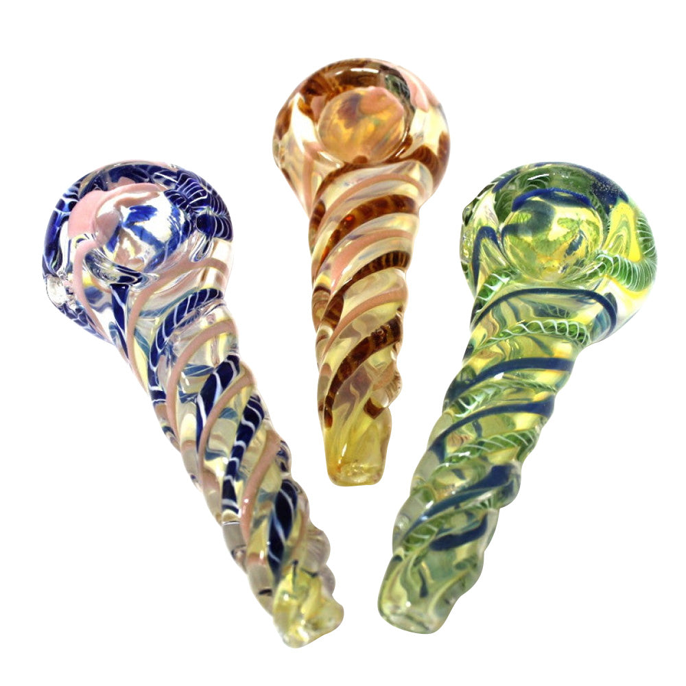 4-inch colorful twisted glass hand pipe featuring vibrant multicolor patterns, unique twisted detailing, sturdy glass construction, smooth finish, and artistic styling.