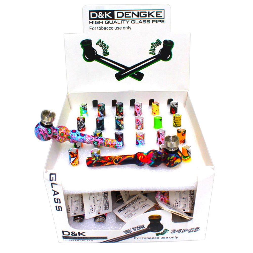 4-inch fancy design glass pipe with metal bowl featuring decorative detailing, smooth glass construction, compact size, and stylish design.