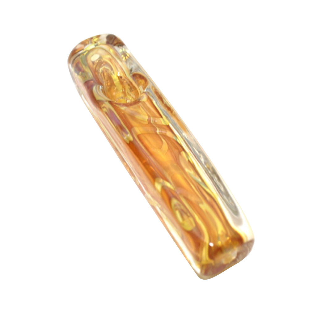 4-inch flat gold fumed glass hand pipe featuring a sleek flat design, gold-fumed detailing, heavy-duty glass construction, smooth finish, and unique artistic styling.
