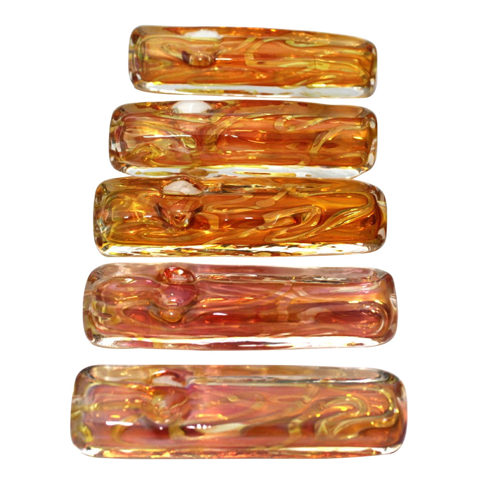 4-inch gold fumed flat design heavy-duty glass hand pipe featuring gold-fumed detailing, flat design, sturdy glass construction, smooth finish, and artistic styling.