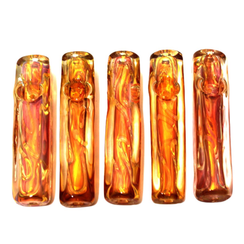 4-inch gold fumed flat heavy-duty glass pipe featuring a distinctive flat design, gold-fumed finish, sturdy glass construction, smooth surface, and artistic styling.