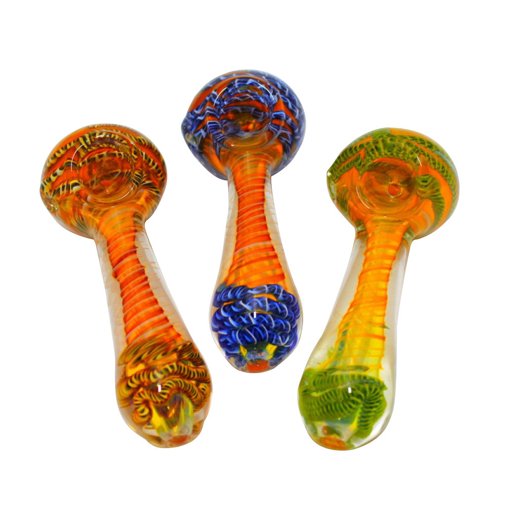 4-inch gold fumed multi-color heavy-duty glass hand pipe featuring gold-fumed detailing, vibrant colors, thick glass construction, smooth finish, and artistic styling.