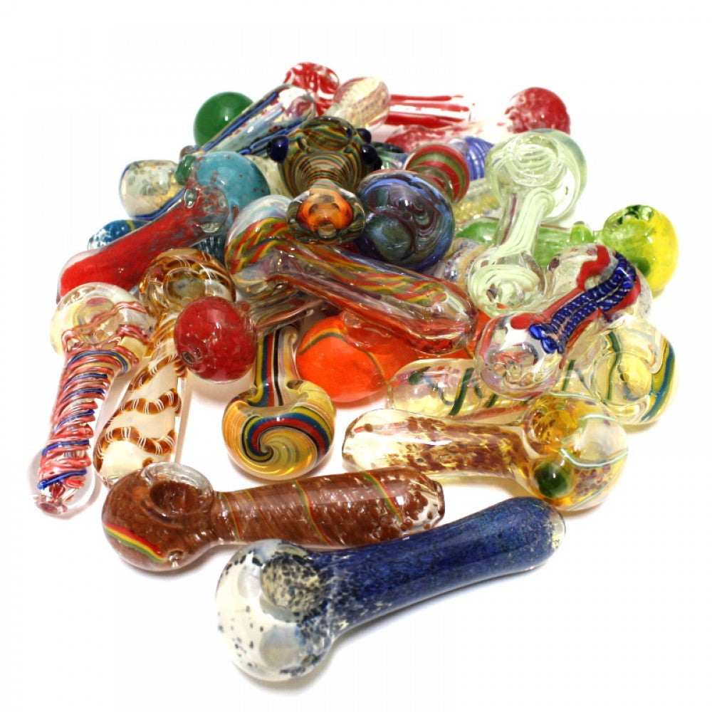 4-inch mixed and match color heavy-duty glass hand pipe bundle featuring 25 assorted pieces, vibrant color combinations, sturdy glass construction, smooth polished finish, and wholesale-ready variety.