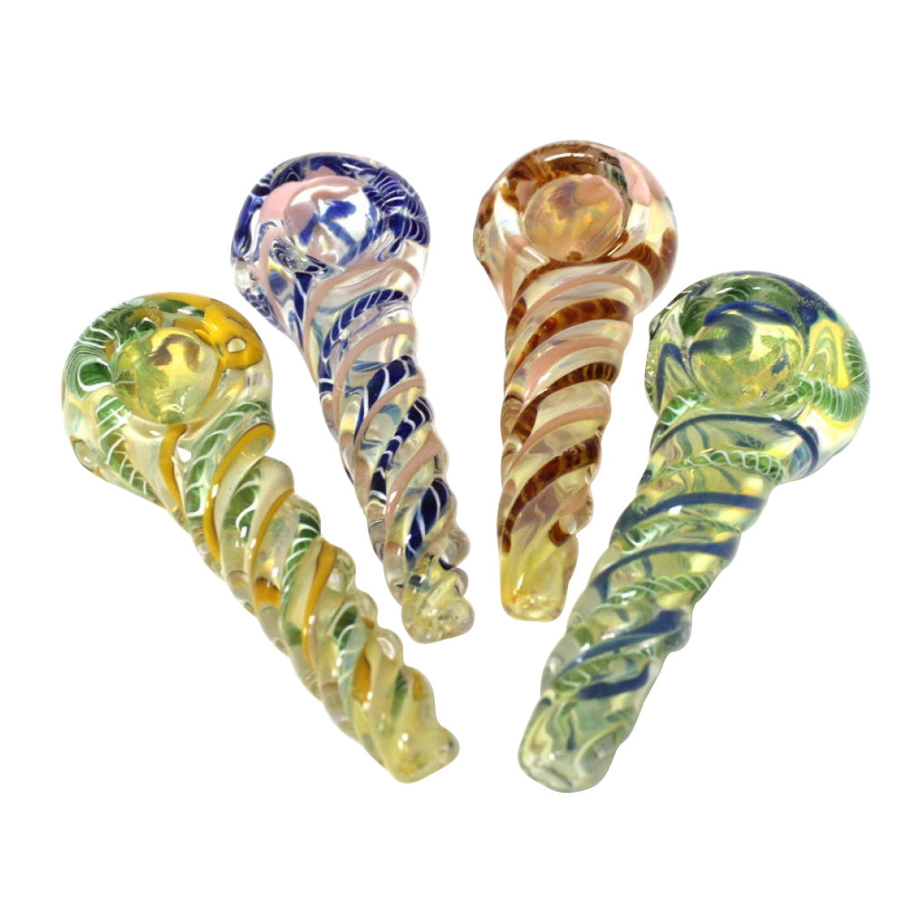 4-inch multi-color twisted glass hand pipe featuring vibrant colors, twisted glass detailing, sturdy construction, smooth polished finish, and artistic design.