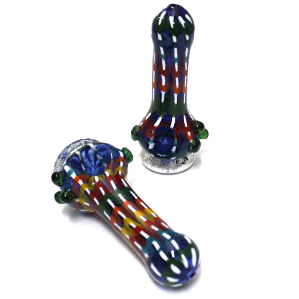 4-inch multicolor bubble art stand-up glass hand pipe featuring vibrant bubble patterns, colorful glass detailing, sturdy construction, smooth finish, and upright design.