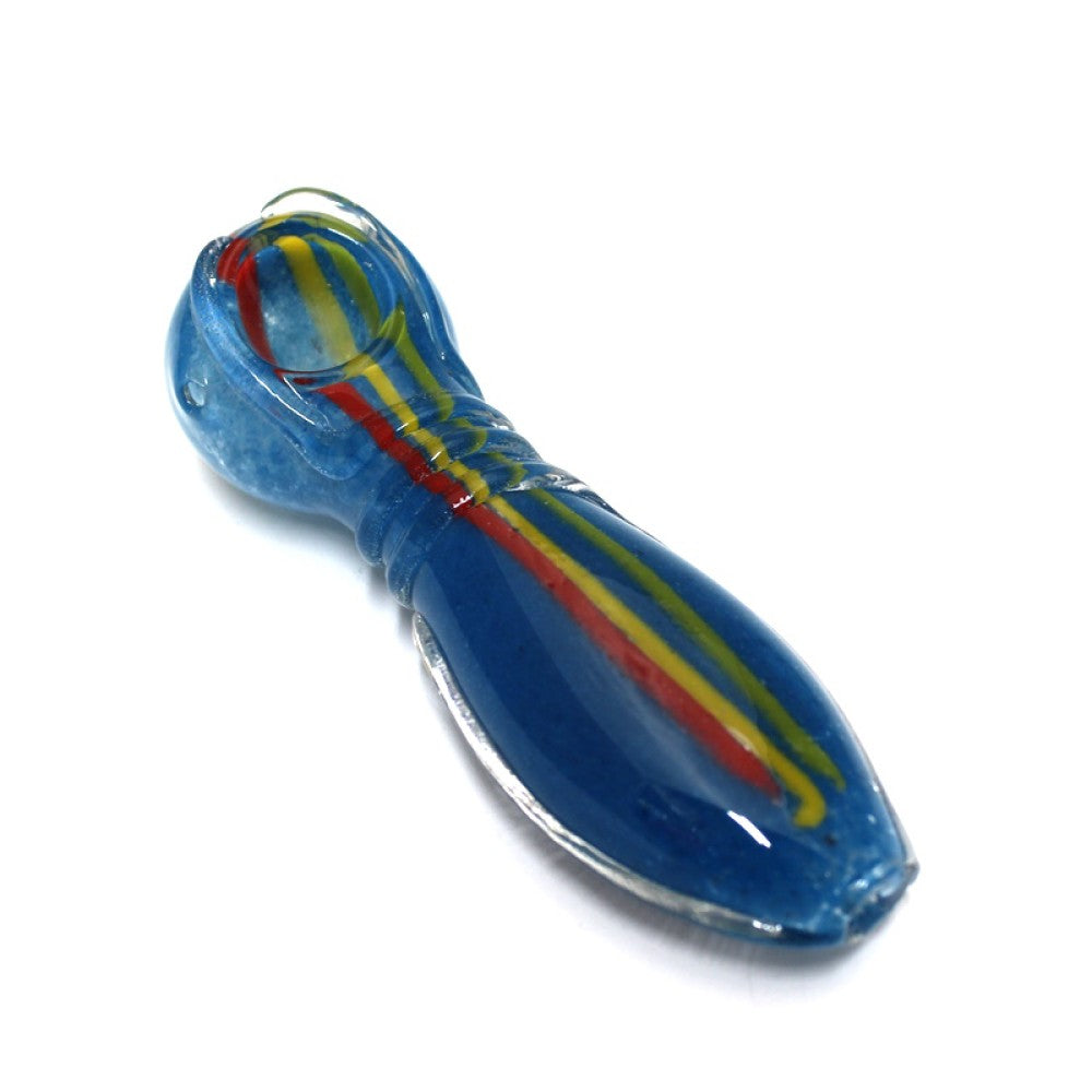 4-inch multicolor ribbed heavy-duty glass hand pipe featuring vibrant colors, textured ribbed design, sturdy glass construction, smooth polished finish, and unique styling.