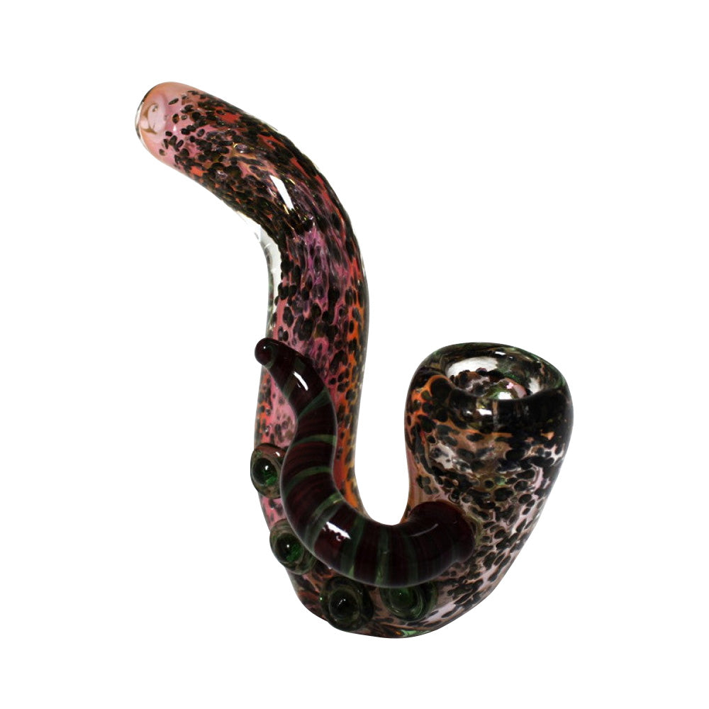 4-inch purple bubble Sherlock glass pipe featuring an upright curved design, vibrant purple bubbled finish, durable glass construction, smooth polished surface, and compact profile.