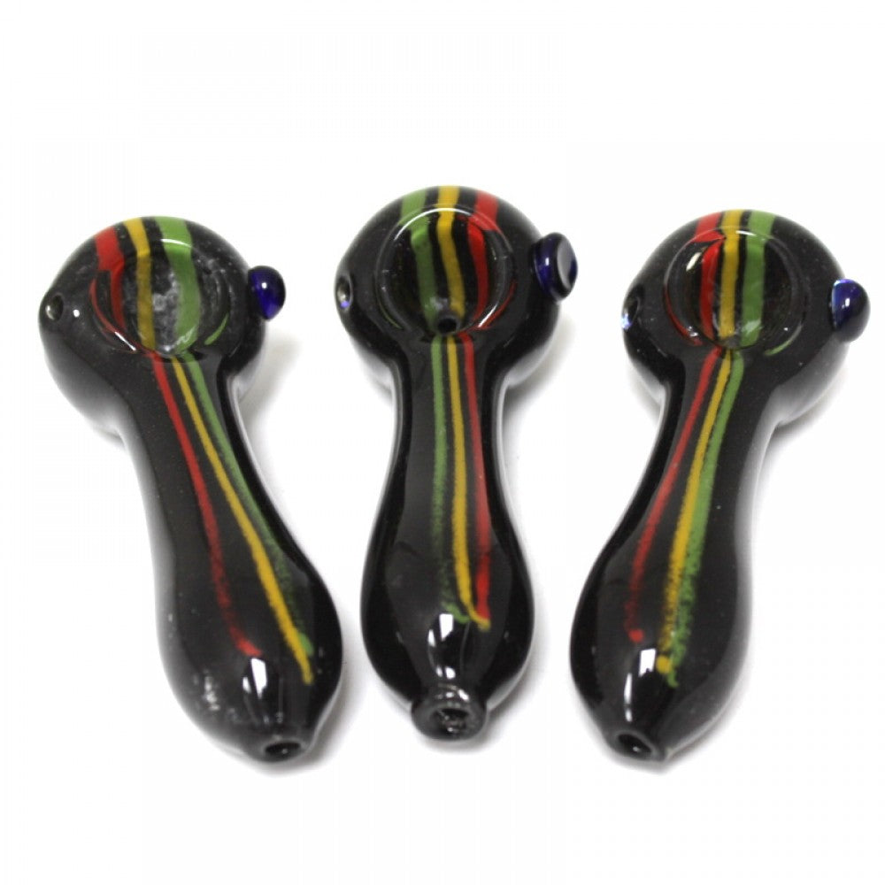 4-inch black heavy-duty glass hand pipe with Rasta color accents, featuring a bold finish, vibrant detailing, sturdy construction, smooth surface, and distinctive design.