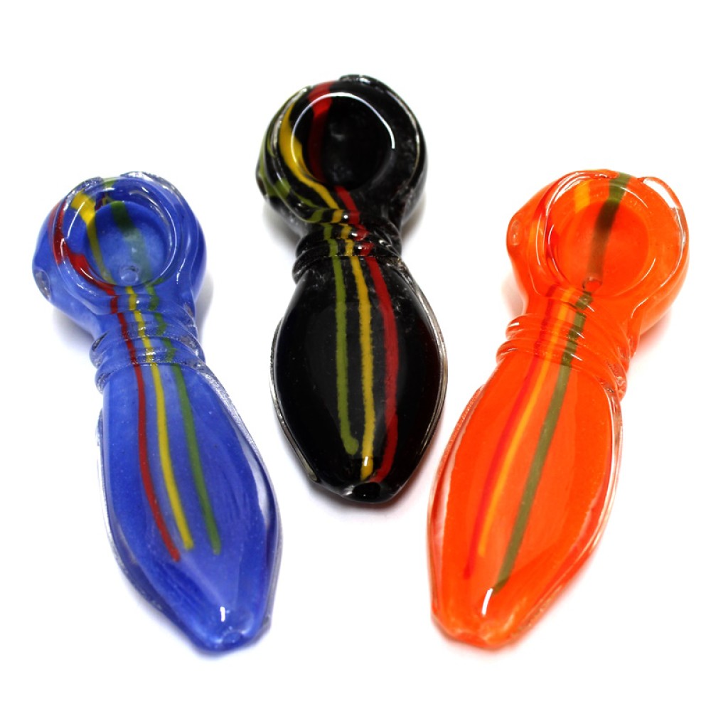 4-inch ribbed design multi-color heavy-duty glass hand pipe featuring vibrant colors, textured ribbed detailing, sturdy glass construction, smooth finish, and distinctive styling.