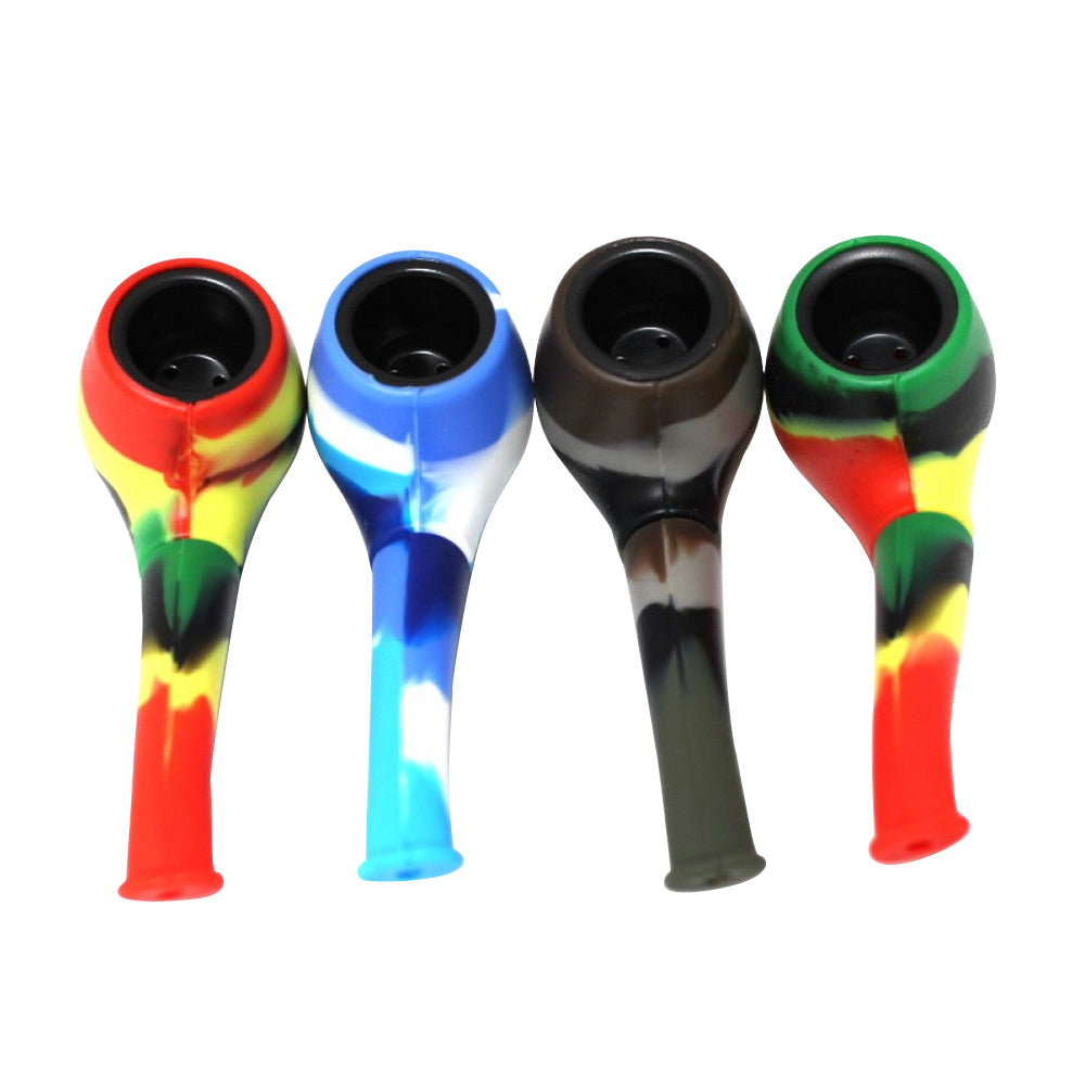 4-inch silicone 2-part Sherlock style hand pipe featuring a compact curved design, durable silicone construction, lightweight build, and easy-to-clean two-part design.