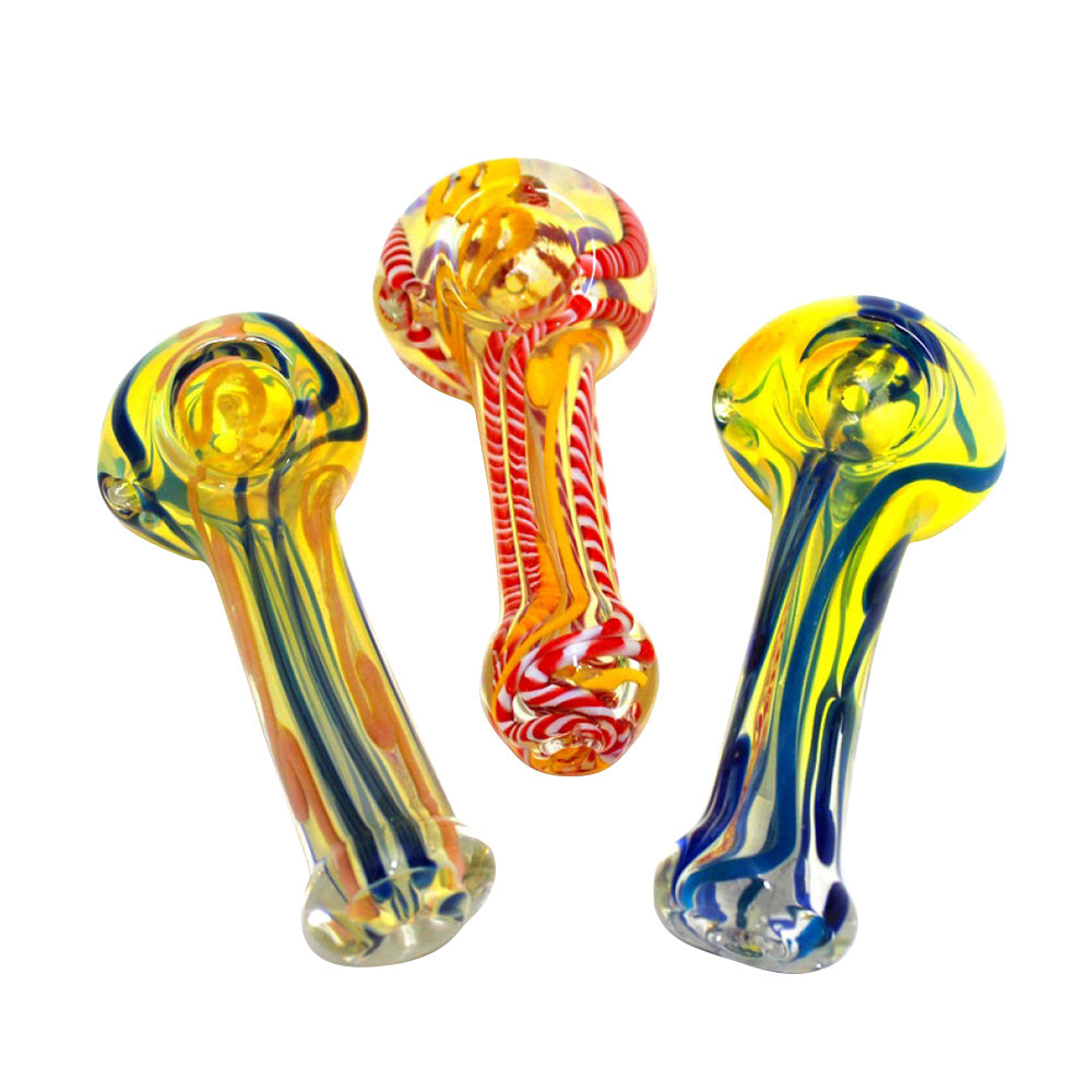 4-inch swirl multi-color thick heavy-duty glass hand pipe featuring vibrant swirl patterns, colorful detailing, thick glass construction, smooth polished finish, and unique artistic styling.