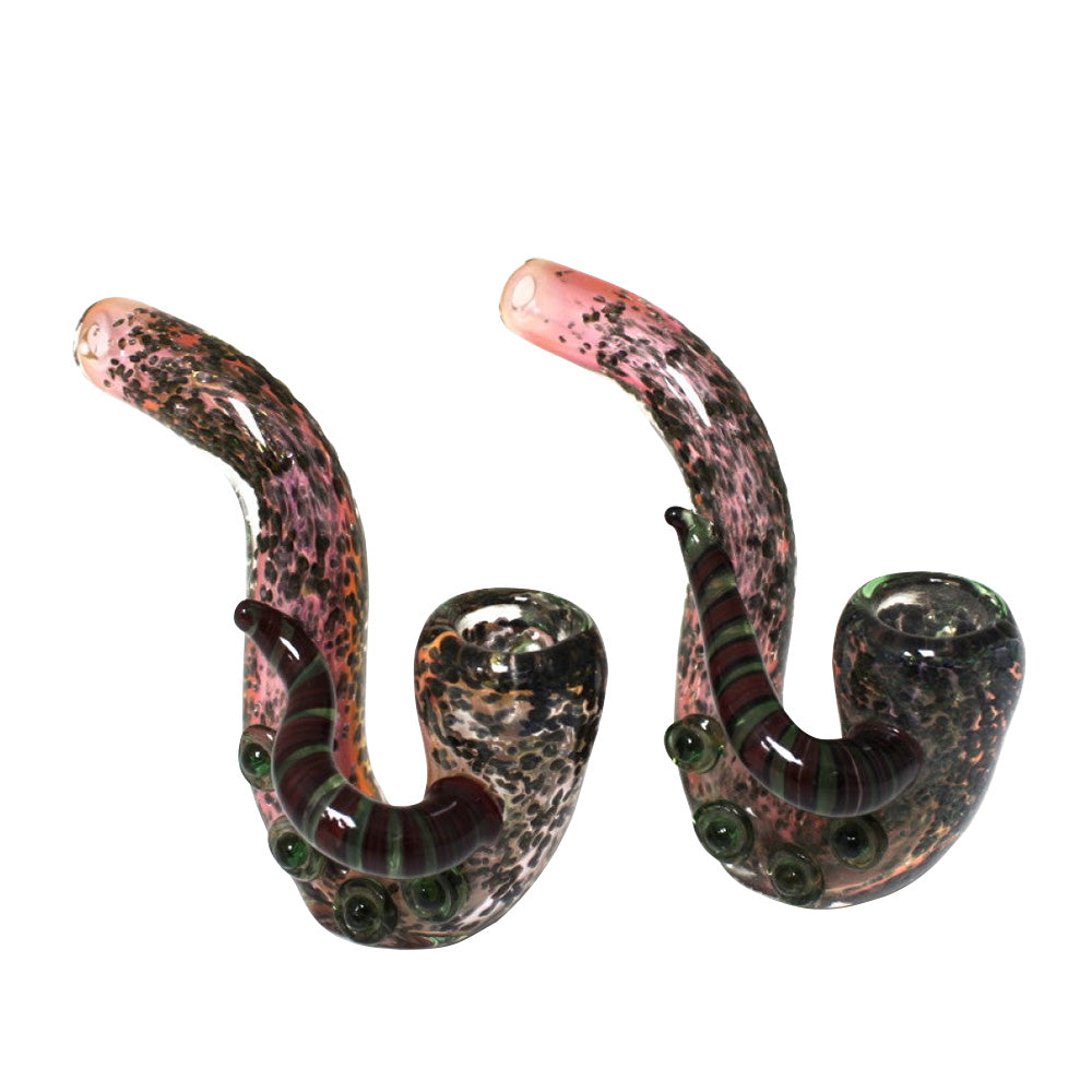 4-inch upright purple bubble color glass Sherlock pipe featuring a vibrant purple finish, bubbled glass detailing, curved Sherlock design, and durable glass construction.