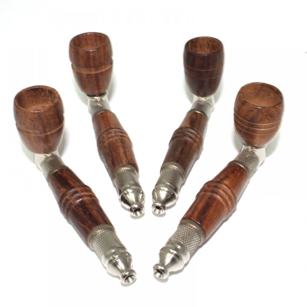 4-inch wood and metal pipe with wooden bowl featuring natural wood grain, durable metal construction, compact size, and rustic design.