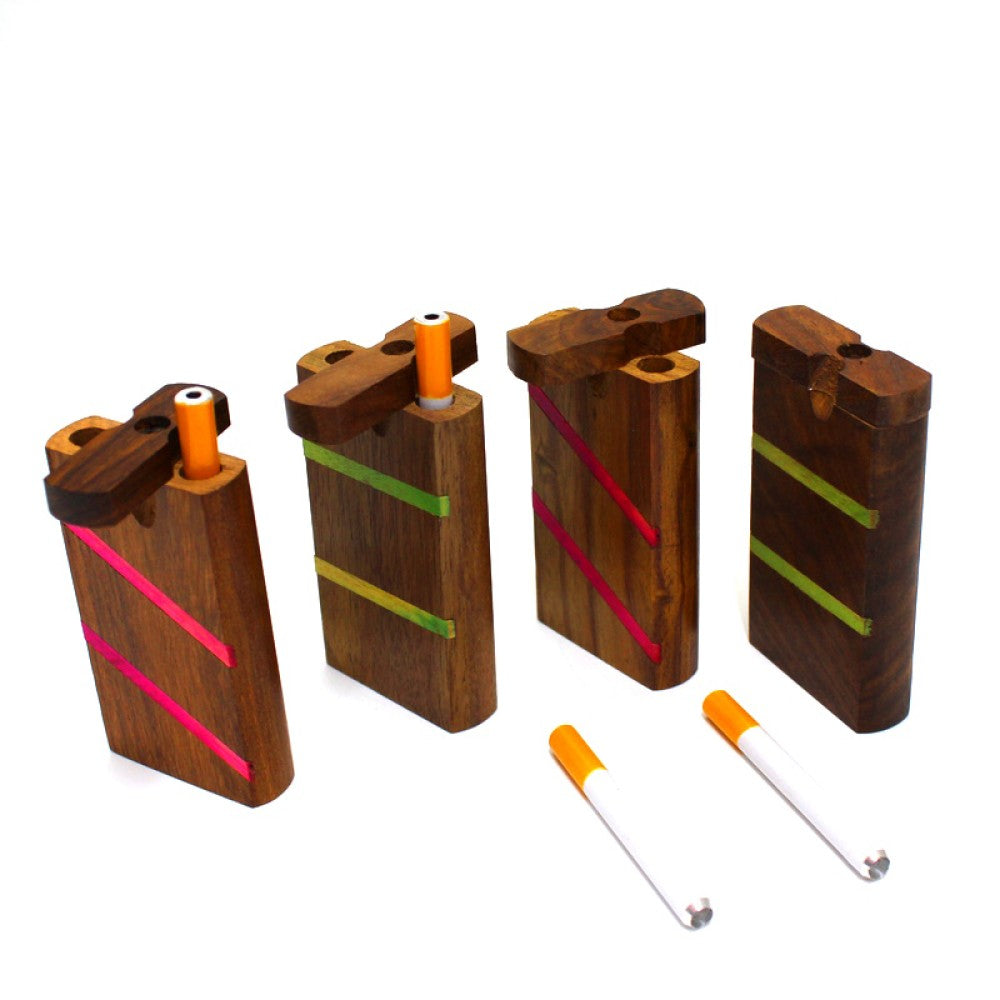 4-inch wooden dugout with 3-inch metal one hitter featuring handcrafted wood construction, natural grain, compact design, smooth finish, and durable metal accessory.