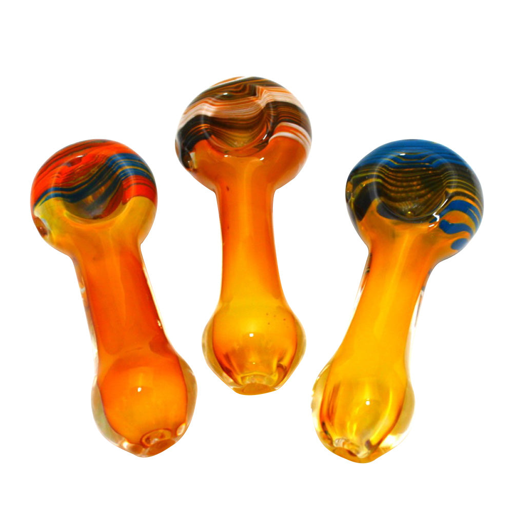 4.5-inch swirl color heavy-duty glass hand pipe featuring vibrant swirl patterns, colorful detailing, sturdy glass construction, smooth polished finish, and unique artistic design.