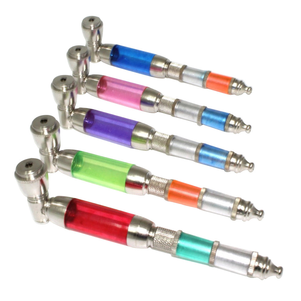 5.5-inch multi-color plastic and metal hand pipe with cover featuring a vibrant finish, compact design, durable metal components, and protective cover.