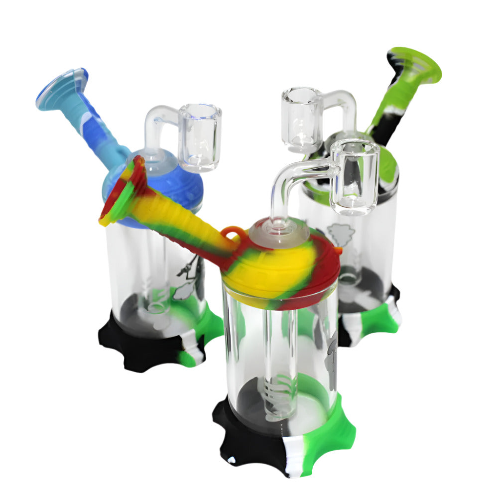 5.5-inch Silicone and Glass Dab Rig Water Pipe with 14mm Male Banger featuring a durable silicone body, glass components, compact design, and water filtration chamber.