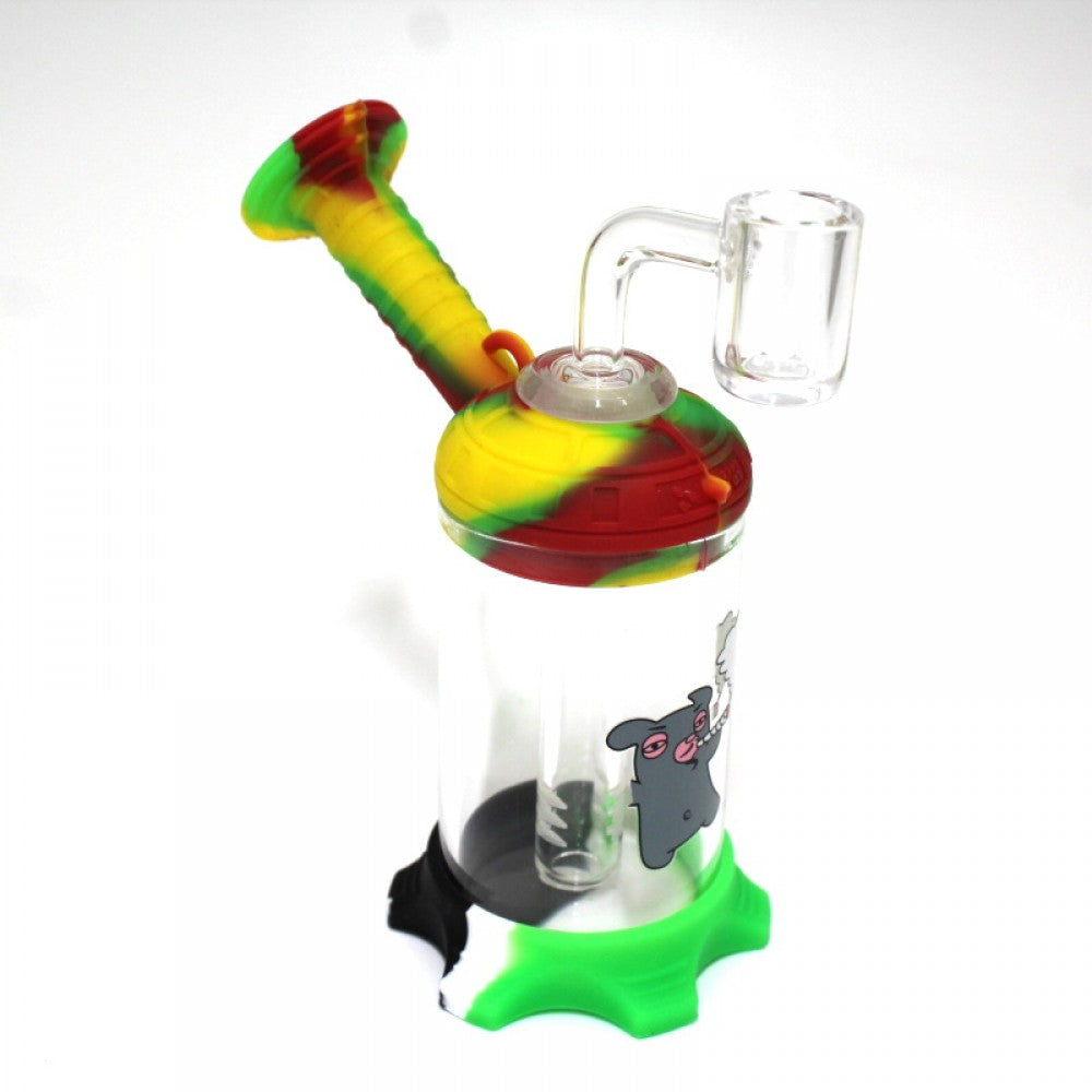5.5-inch Silicone and Glass Dab Rig Water Pipe featuring a durable silicone body, glass components, 14mm male banger, compact design, and built-in water chamber.