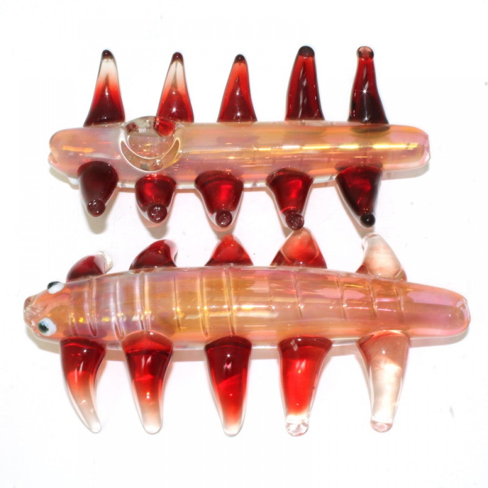 5.5-inch spiked insect design gold fumed glass pipe featuring sculpted insect-inspired details, decorative spikes, gold-fumed accents, sturdy glass construction, and a smooth polished finish.