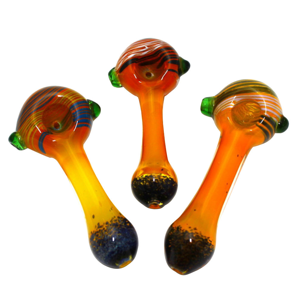 5-inch big head skinny design heavy-duty glass hand pipe featuring a sleek skinny profile, oversized head design, sturdy glass construction, smooth polished finish, and unique artistic styling.
