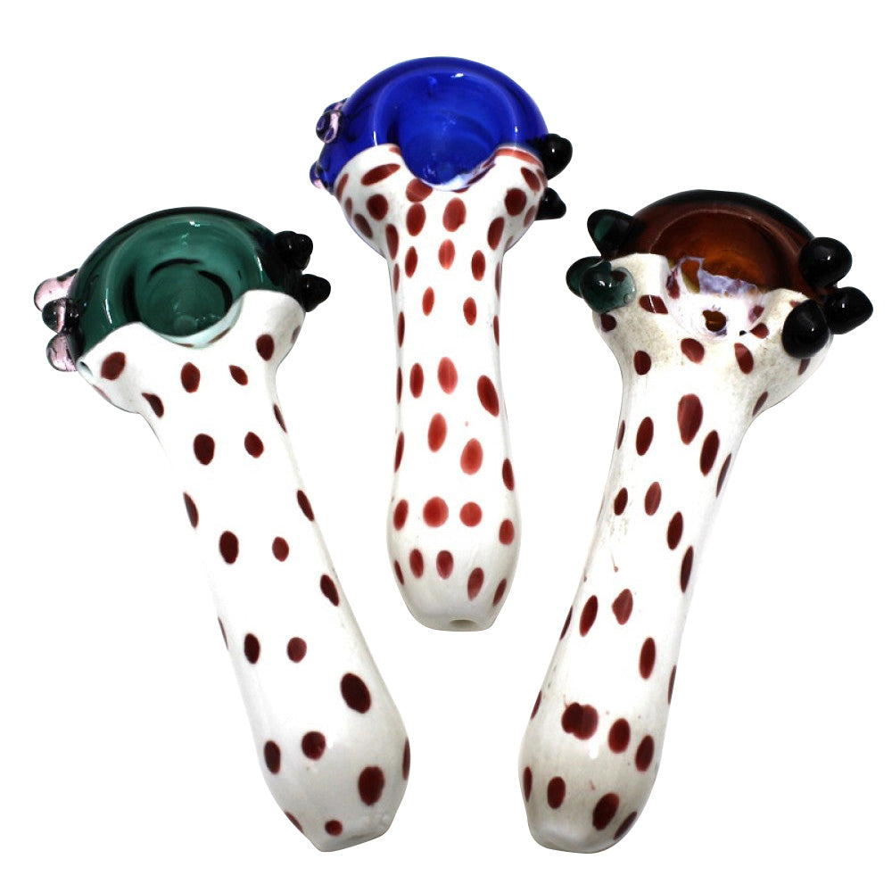 5-inch color head dotted heavy-duty glass hand pipe featuring vibrant color accents, unique dotted detailing, sturdy glass construction, smooth polished finish, and artistic styling.