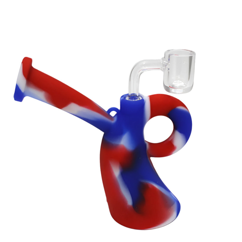 Colorful 5-inch Silicone Dab Rig with 14mm Male Banger featuring a compact design, durable silicone construction, vibrant multi-color styling, and water filtration chamber.
