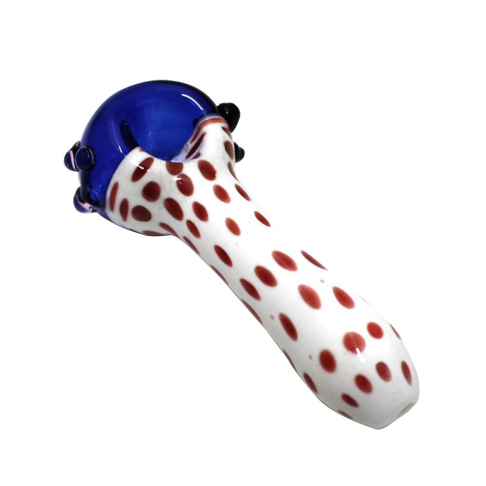 5-inch dotted color head heavy-duty glass hand pipe featuring colorful head accents, dotted glass detailing, sturdy construction, smooth polished finish, and distinctive artistic styling.