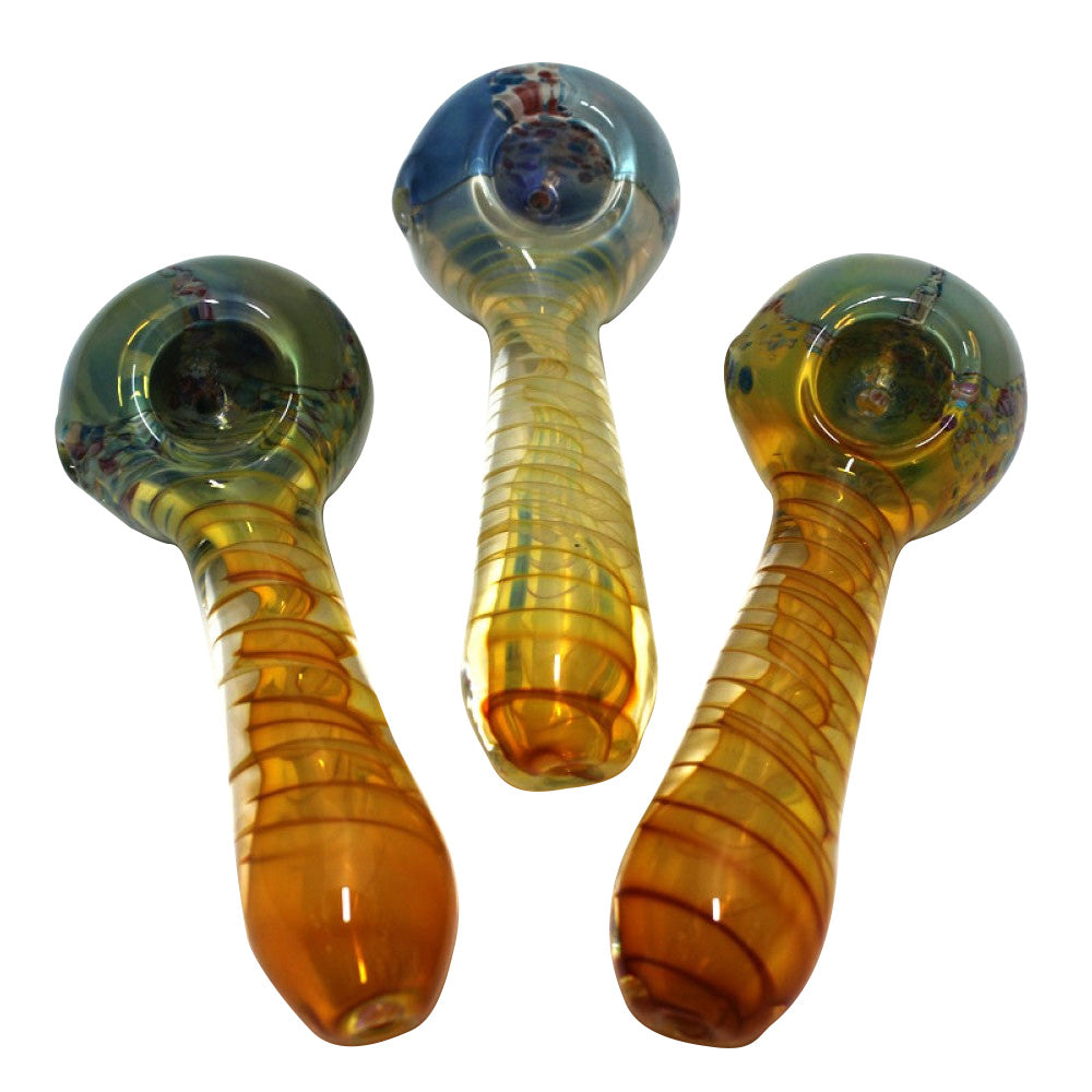 5-inch gold fumed head color extra heavy-duty glass hand pipe featuring gold-fumed head detailing, vibrant colors, thick glass construction, smooth polished finish, and unique artistic styling.