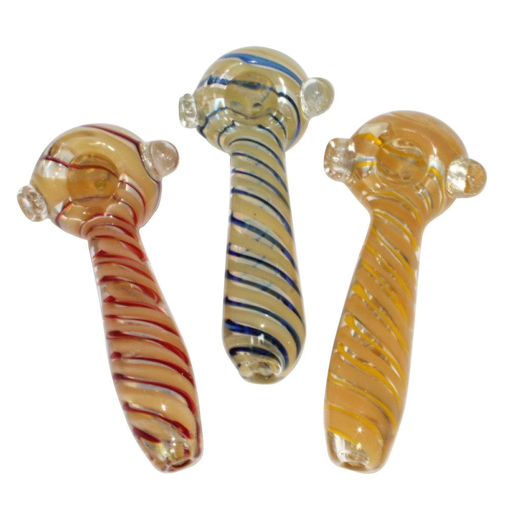 5-inch gold fumed swirl color heavy-duty glass hand pipe featuring vibrant swirl colors, gold-fumed detailing, sturdy glass construction, smooth polished finish, and unique artistic styling.
