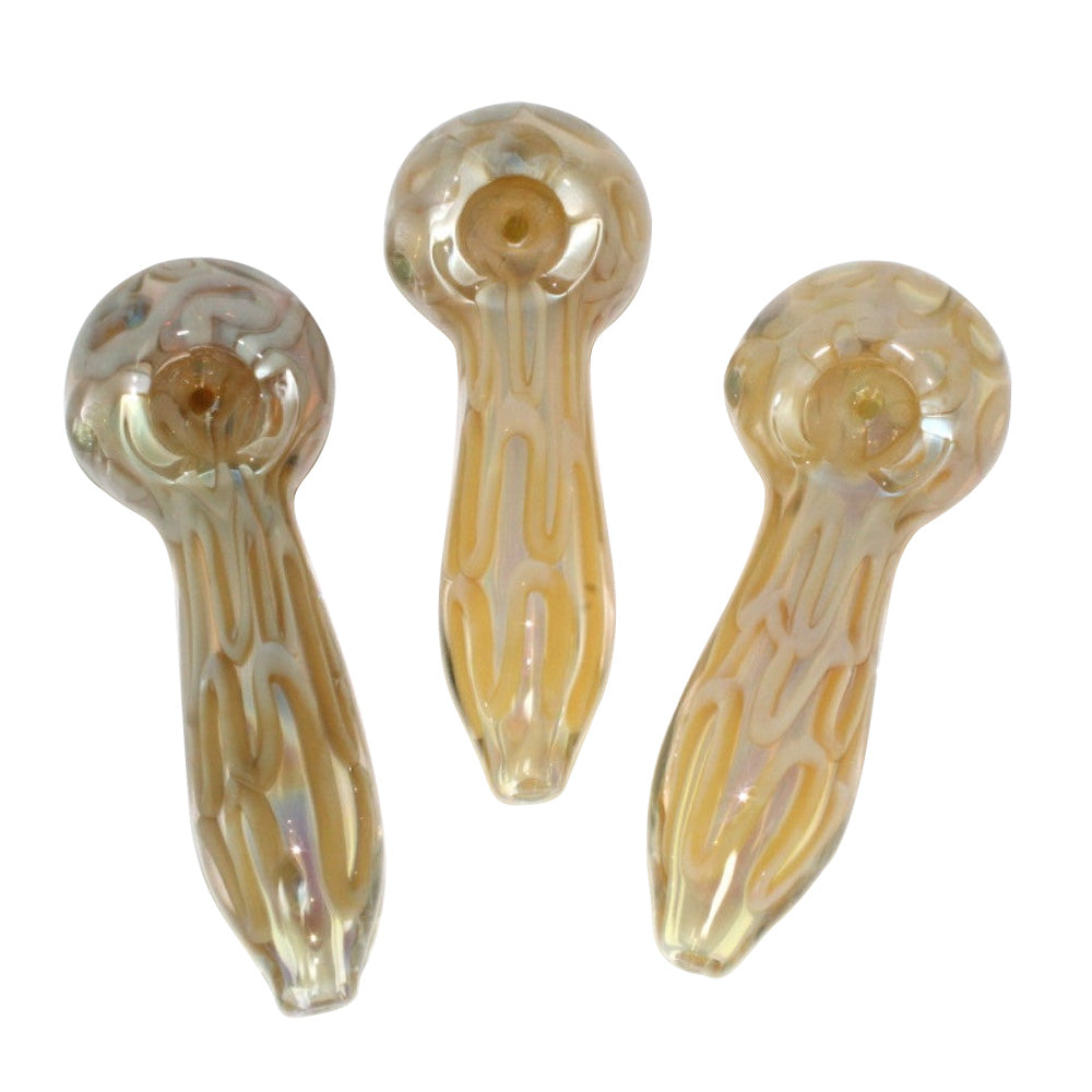 5-inch gold fumed swirl heavy-duty glass hand pipe featuring gold-fumed swirl patterns, vibrant color variations, sturdy glass construction, smooth polished finish, and artistic detailing.