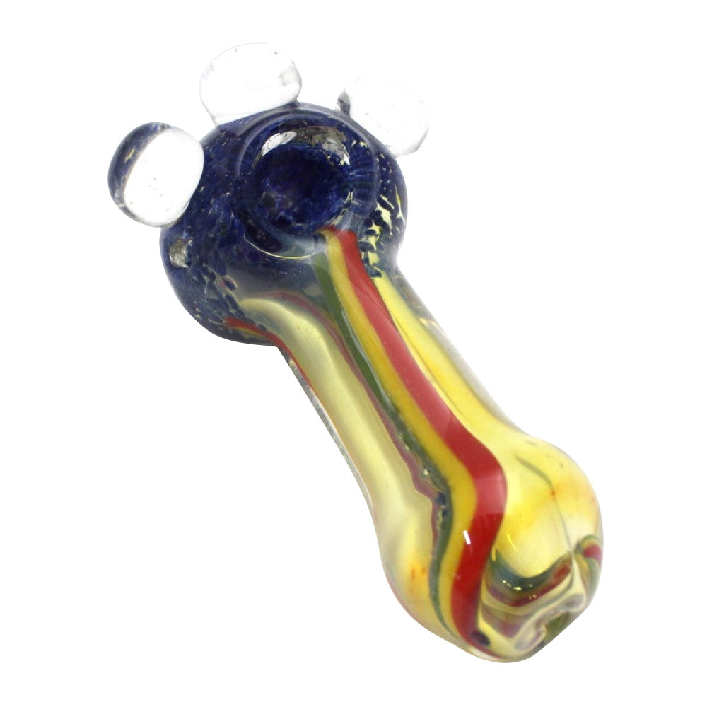 5-inch jumbo Rasta color heavy-duty glass hand pipe featuring vibrant multicolor Rasta detailing, sturdy glass construction, smooth polished finish, and unique artistic styling.