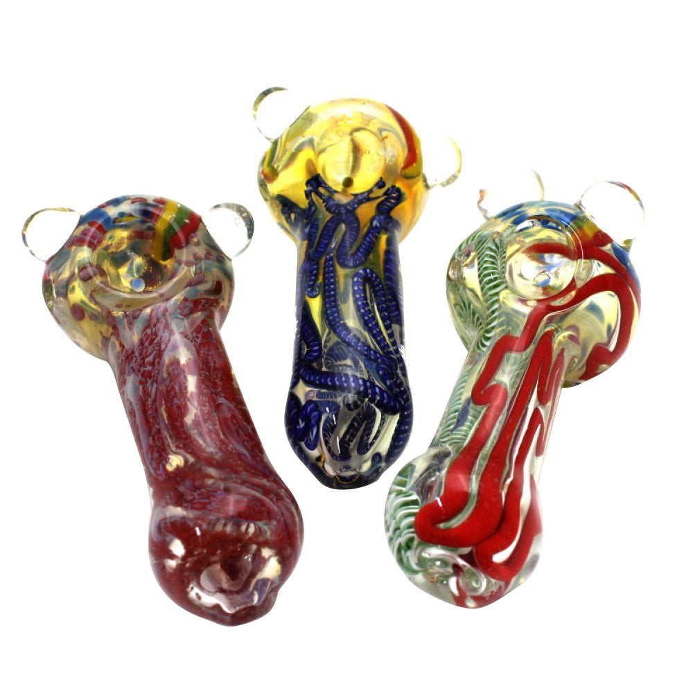 5-inch jumbo size color extra heavy-duty glass hand pipe featuring vibrant colors, thick glass construction, sturdy glass design, smooth polished finish, artistic detailing, and distinctive styling.