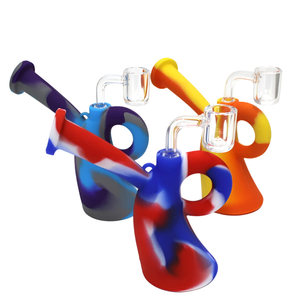 5-inch Multi-Color Silicone Dab Rig featuring a durable silicone body, vibrant multi-color design, built-in water chamber, and 14mm male banger.
