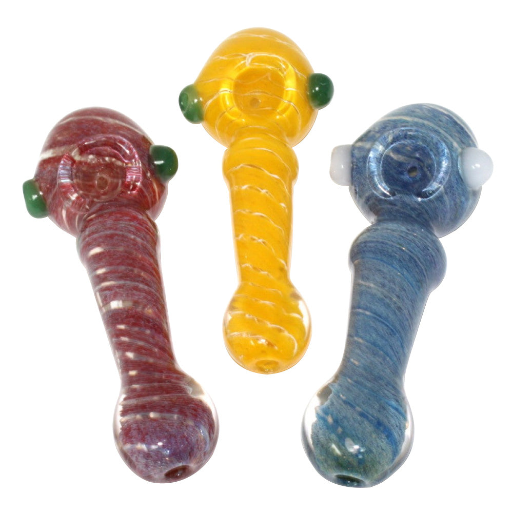 5-inch ribbon design assorted color heavy-duty glass pipe featuring vibrant colors, flowing ribbon-style glasswork, sturdy glass construction, smooth polished finish, and unique artistic detailing.