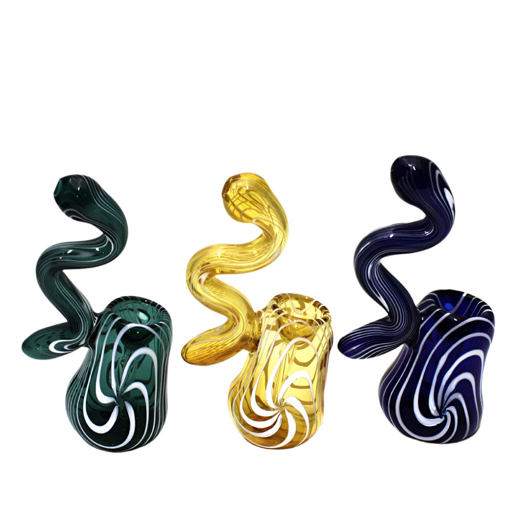 5-inch swirl color Sherlock snake shape glass bubbler featuring vibrant patterns, curved design, and durable glass construction.