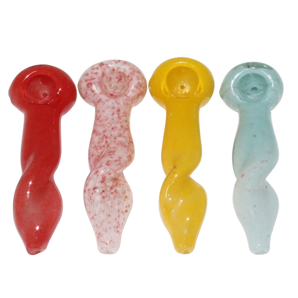 5-inch twist design solid color heavy-duty glass hand pipe featuring a unique twisted glass design, solid color finish, sturdy construction, smooth polished surface, and artistic styling.