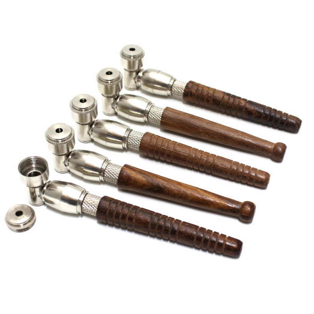 5-inch wood and metal hand pipe with bowl and lid featuring natural wood grain, durable metal components, compact design, and rustic styling.