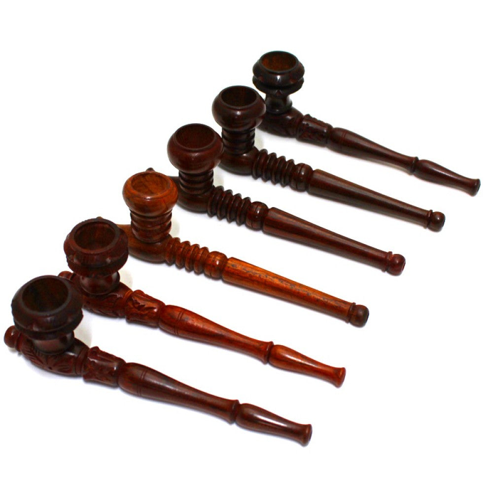 6-inch 2-part wooden tobacco hand pipe featuring natural wood construction, unique grain patterns, classic styling, and sturdy design.