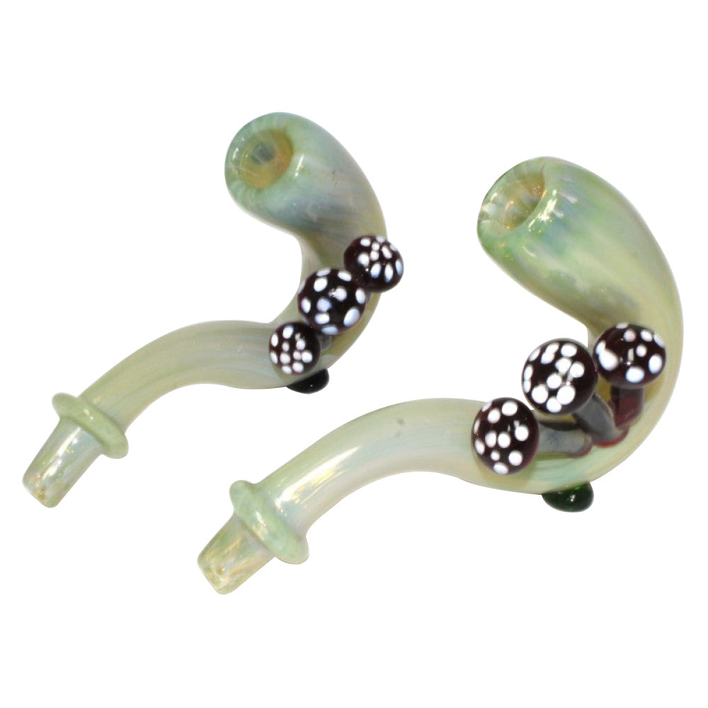 6-inch 3 mushroom heavy duty Sherlock glass pipe featuring detailed mushroom-inspired glasswork, classic curved design, durable construction, smooth polished finish, and artistic styling.