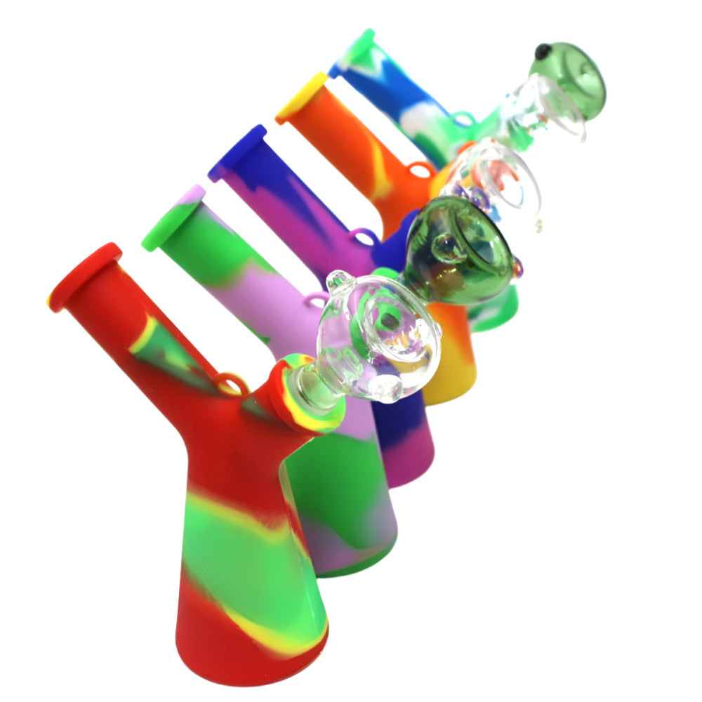 6-inch Colorful Silicone Dab Rig with 14mm Banger featuring a vibrant multicolor design, durable silicone body, compact construction, and water filtration chamber.