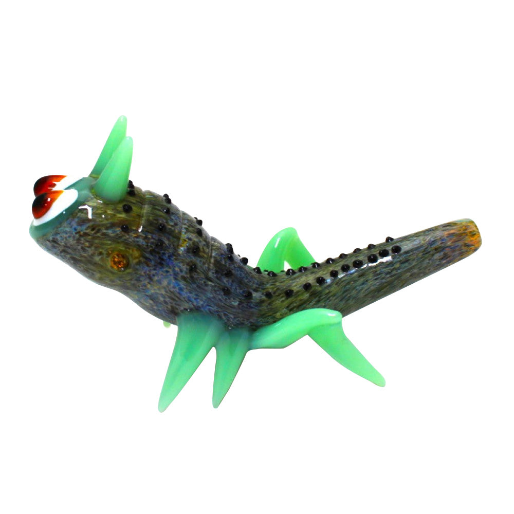 6-inch grasshopper design glass pipe featuring a unique insect-inspired shape, detailed sculpted glasswork, durable glass construction, smooth polished finish, and distinctive artistic styling.